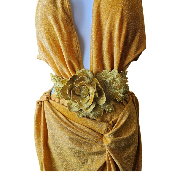 Unbranded 3pc Bodysuit Skirt Set Womens One Size Gold Excellent Metallic Floral - Picture 5 of 6